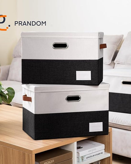 PRANDOM Foldable Storage Bins with Lids [3-Pack] Fabric Collapsible Storage Boxes Baskets Cubes Containers with Handles for Closet Living Room Bedroom (Black & White 17.7x11.8x11.8'')