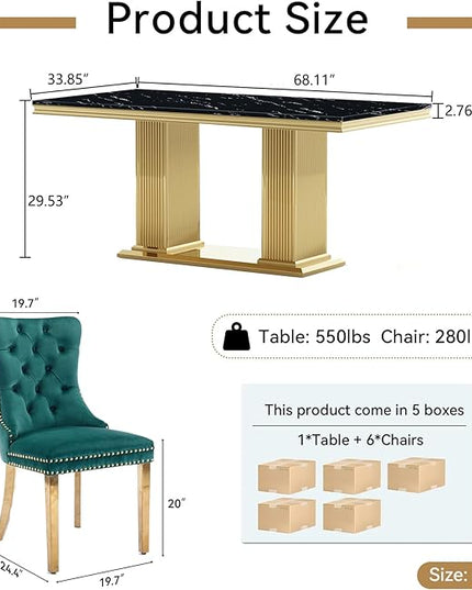 HomVent 68.11'' Faux Marble Dining Table Set for 6, Modern Rectangle Kitchen Table Set with Faux Marble Table Top & Stainless Steel Base for Kitchen Dining Room