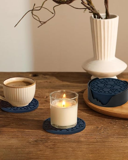 Blue Silicone Coasters with Holder, 4 Inch Non-Slip Coffee Round Cup Mats, Modern Bar Coaster Set of 6 for Desk, Table, Drink, Beer, Berverage - Dishwasher Safe