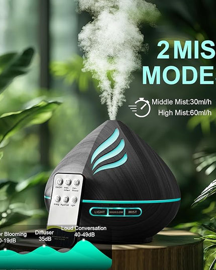 Essential Oil Scent Diffuser: 500ML Aroma Diffuser with Remote Control, Large Fragrance Aromatherapy Diffuser for Bedroom Home, Mist Humidifier with 14 Colors LED Lights and waterless Auto-Off, Black