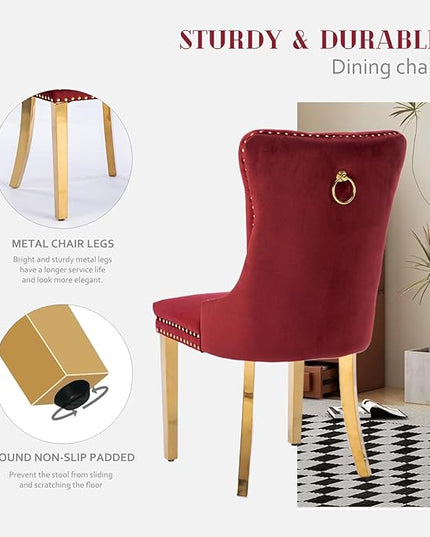 SoarFlash Velvet Dining Chairs Set of 6, Tall Back Side Chair, Modern Upholstered Side Chair with Button Back Ring, Gold Plated Stainless Steel Legs (Red)