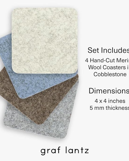 Graf Lantz - Bierfilzl Merino Wool Square Coasters Set of 4 - Cobblestone (4"x4"x5mm) - Absorbs 30% Weight, Natural German Wool - Heat Resistant, Sustainable, Reusable - Home Decor, Coffee Table Decor