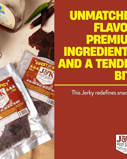 J&K Sweet and Spicy Beef Jerky - Hand Crafted Small Batch American Made Slab Beef Jerky - Bold & Flavorful Snack! - 7oz Big Bag