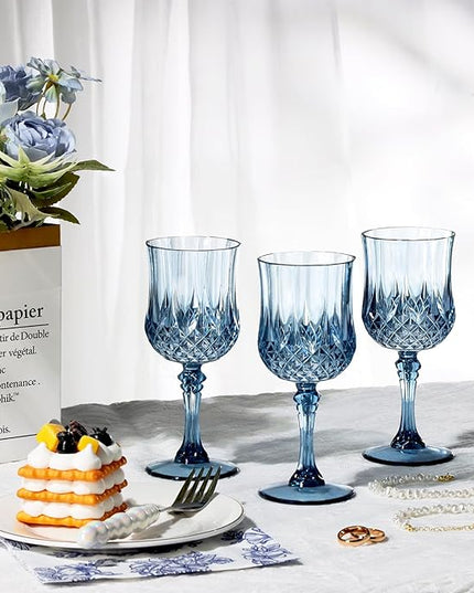 XUWAIDSGN 7oz Plastic Vintage Wine Glasses Drinking Glasses Unbreakable Wedding Glassware Crystal Water Goblets Reusable Drinkware Vintage Champagne Flutes (48, Blue)
