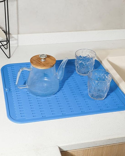 Silicone Dish Drying Mat for Multiple Usage,Easy clean,Eco-friendly,Heat-resistant Silicone Mat for Kitchen Counter or Sink,Refrigerator or Drawer Liner Lichen BlueL XL 18 inches x 16 inches