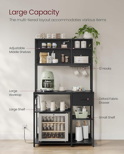 VASAGLE Bakers Rack with Charging Station, Coffee Bar, 15.7 x 39.4 x 71 Inches, Kitchen Microwave Stand, Adjustable Storage Shelves, Fabric Drawer, 12 Hooks, Charcoal Gray and Ink Black UKKS027B01