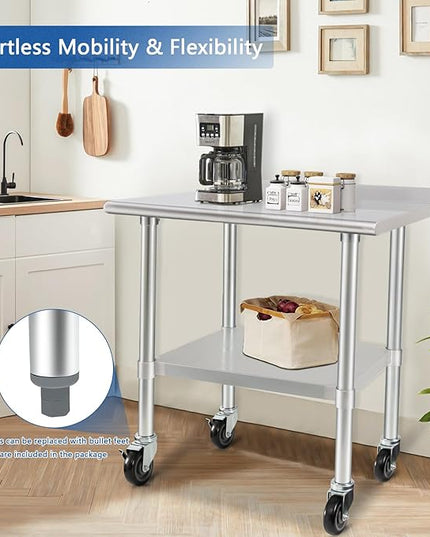 HARDURA Stainless Steel Table 30 x 36 Inches with Wheels Casters NSF Heavy Duty Commercial Prep Table with 2” Backsplash and Adjustable Undershelf for Restaurant Kitchen Home and Hotel