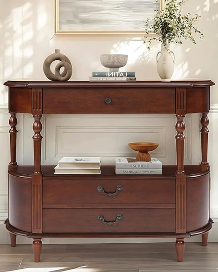 HMFULE Solid Wood Retro Curved Console Table, 43" Half Moon Console Table Sofa Table Entryway Table with 3 Drawers Open Shelf Pine Roman Legs Curved Corners for Living Room,Entryway,Hallway,Cherry