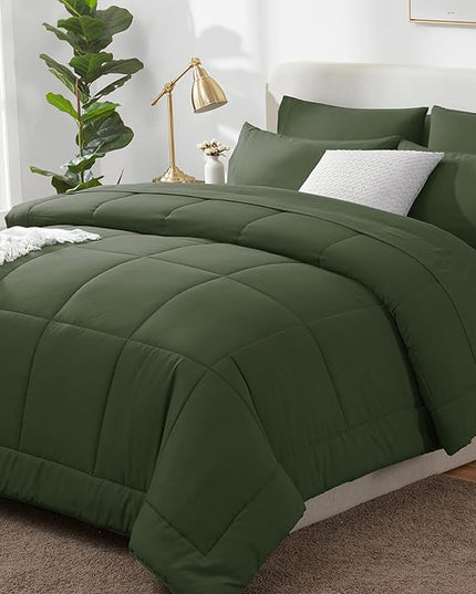 CozyLux Full Size Comforter Sets Olive Green, 7 Pieces Bed in a Bag, Green Comforter Full Size, All Season Bedding Sets with Stitch Quilted Comforter, Flat Sheet, Fitted Sheet, Pillowcases