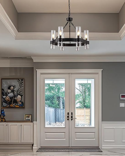 6-Light Large Black Wagon Wheel Chandelier with Glass Shades, 20 Inch Farmhouse Industrial Round Chandelier for High Ceilings, Pendant Lighting Fixture for Dining Living Room Kitchen Island Foyer