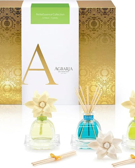 AGRARIA Citrus & Floral PetiteEssence Collection, Handmade Sola Flower Reed Diffuser Set of 3, Luxury Home Fragrance Scented Oil Diffuser Gift Set