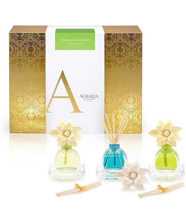 AGRARIA Citrus & Floral PetiteEssence Collection, Handmade Sola Flower Reed Diffuser Set of 3, Luxury Home Fragrance Scented Oil Diffuser Gift Set