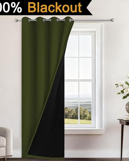 Yakamok 100% Blackout Curtains 84 Inches Long, 2 Thick Layers Heat and Full Light Blocking Soft Thermal Insulated Drapes for Bedroom(52" Wide Each Panel, Olive Green, 1 Panel)
