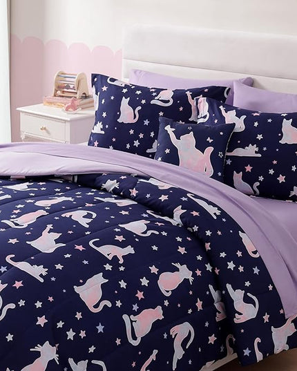 Full Size Comforter Set for Girls-7 Pieces Cute Cat Full Bedding Sets for Kids, Ultra Soft Bed in A Bag with Sheets