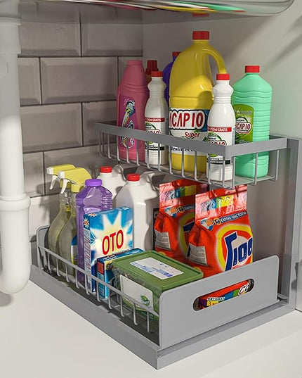 REALINN Under Sink Organizer, Pull Out Cabinet Organizer 2 Tier Slide Out Sink Shelf Cabinet Storage Shelves, Storage for Kitchen Bathroom, Grey, 1 Pack