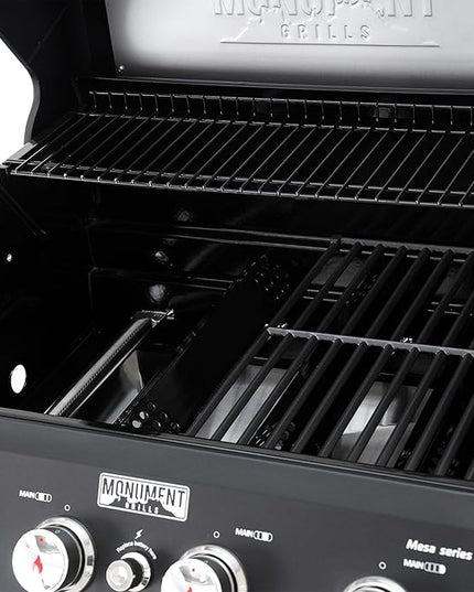 Monument Grills 4-Burner Liquid Propane Gas Grill, Matte Black Stainless Steel Burner Grill with Clearview® Lid and One Foldable Shelf for Outdoor Cooking Kitchen Patio Backyard Barbecue, Mesa420MF