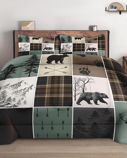 Comforter Set Queen Size, Hunting Wildlife Deer Bear Soft 3 Pcs Bedding for Kids and Adults Vintage Winter Animal Plaid Comforter Set with 2 Pillowcases for Bedroom Bed Decor