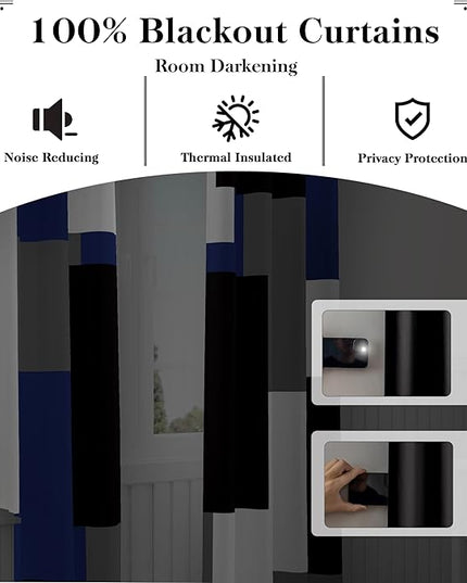Navy Blue Grey 100% Blackout Curtains for Bedroom 96 inch Long 2 Panels Set Gray Modern Abstract Geometric Black Out Curtains Insulated Room Darkening Window Drapes for Living Room, 52Wx96L