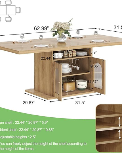 HSH Dining Table for 4–6, 63 Inch Wood Farmhouse Kitchen Table with 3-Tier Storage Shelf and Acrylic Door Cabinet, Rectangular Modern Dining Room Dinner Table for Apartment Home Small Space, Light Oak