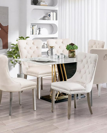 SoarFlash Velvet Dining Chairs Set of 6, Tall Back Side Chair, Modern Upholstered High-end Tufted Side Chair with Button Back Ring, Silver Plated Legs (Beige)