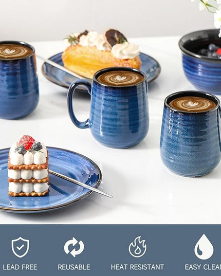 Hasense Coffee Mugs Set of 6, 12 Ounce Coffee Cups Set with Handle, Ceramic Tea Mugs for Kitchen, Blue Latte Mugs for Coffee,Cocoa, Tea, Stylish Mug Gift, Dishwasher and Microwave Safe