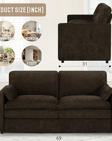 69" Chenille Modern Couch with Cozy & Soft Backrests, 2 Seats Sofa with 2 Extra Pillows, Comfy Upholstered Sofa with Thicker Cushions for Living Room, Office, Brown