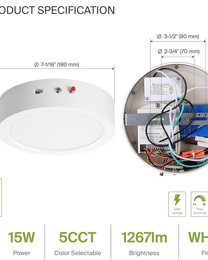 ASD LED 7" Round Flush Mount Ceiling Light Fixture, Low Profile Surface Lighting | 5CCT, Dimmable, Battery Backup, ETL Listed | 15W 1200LM 2700-6000K 120V | Kitchen, Bedroom, Hallway Lamp | White