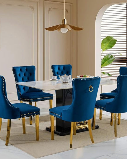 SoarFlash Velvet Dining Chairs Set of 6, Tall Back Side Chair, Modern Upholstered Side Chair with Button Back Ring, Gold Plated Stainless Steel Legs (Blue)
