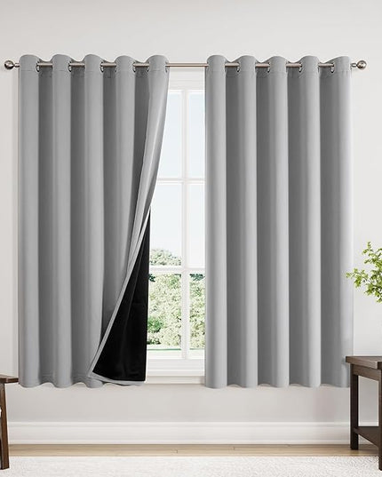ChrisDowa 100% Blackout Curtains 63 inch Long for Bedroom with Black Liner, Extra Wide 2 Thick Layers Total Blackout Thermal Insulated Grommet Window Curtains 2 Panels Set (Light Grey, 60 x 63 Inch)