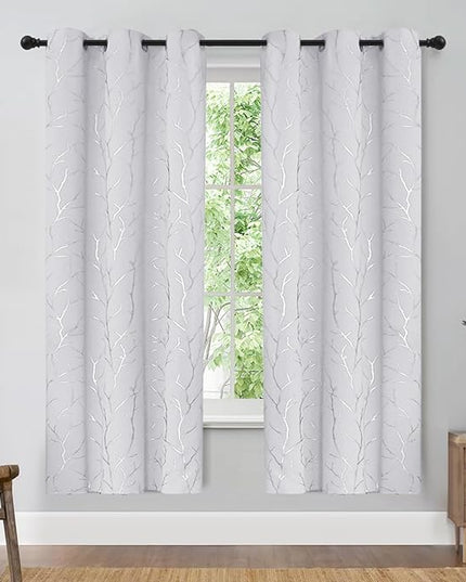 BUHUA White Bedroom Curtains 63 Inches Long, Room Darkening Blackout Curtains 2 Panel Sets, Elegant Silver Tree Branches Print Window Treament for Livingroom 38W x 63L, Greyish White