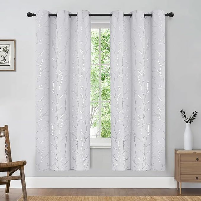 BUHUA White Black Out Curtains 63 Inch Long 2 Panels, Soundproof Curtains with Elegant Silver Tree Branches Print, Window Treament for Livingroom, 52W x 63L, Greyish White