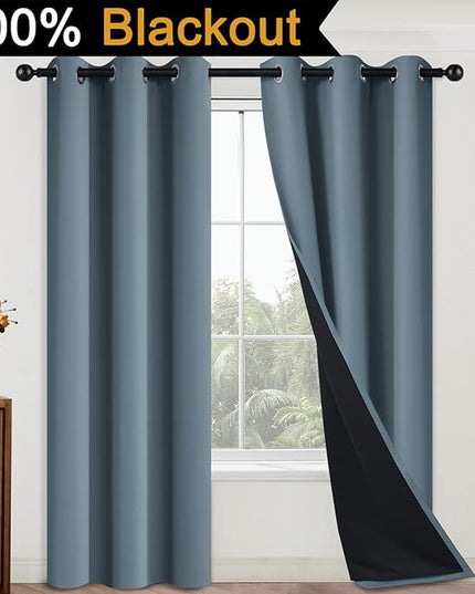 Yakamok Full Blackout Curtains 84 Inches Long,Blackout Curtain Panels for Bedroom, 2 Thick Layers Grommet Top Thermal Insulated Drapes with Black Liner for Living Room(Stone Blue, Set of 2)