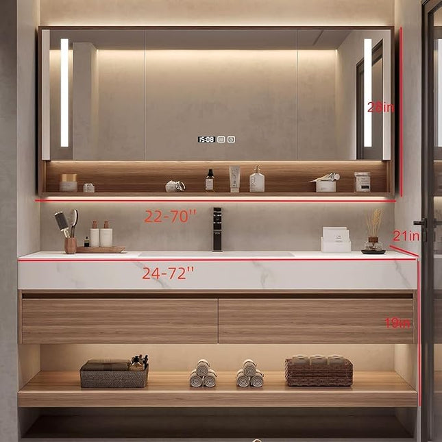 Wood Bathroom Vanity Set - LED Defogging Mirror | 32'' Wall Mounted Bathroom Vanity with Sink Include Open Storage & Mirror Cabinet Storage & 2 Drawers
