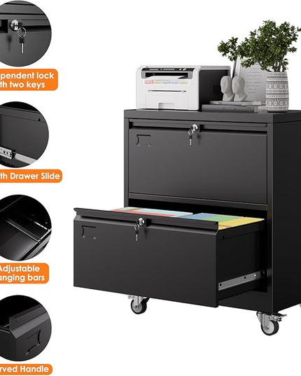 METAN Upgrade 2 Drawers Lateral File Cabinet on Wheels,Steel Office Filing Storage Cabinet with 2 Locks,Assembly Required,Black