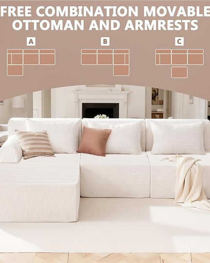 93" Sectional Couches for Living Room, Modular Sectional Sofa, Cloud Couch with L-Shape Chaise, Boneless Couches, Comfy Corduroy Fluffy Couch with Deep Seat, No Assembly Required, Beige