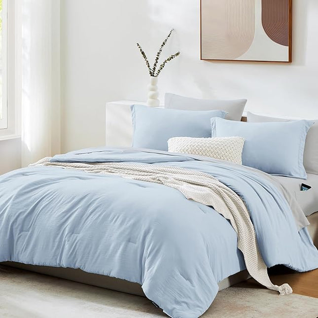 WRENSONGE King Comforter Set, 7 Pieces Ice Blue Soft Bed in a Bag King with Fitted Sheet, Flat Sheet, 2 Pillow Shams, and 2 Pillowcases- Warm Bedding Set for All Season