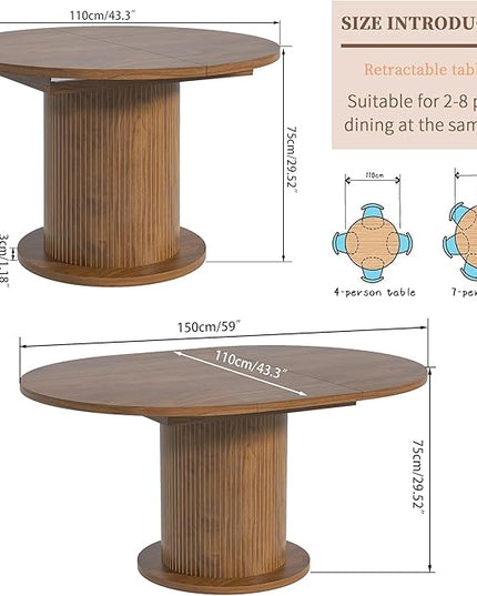 43.3 inch 59 inch Adjustable Size Round Dining Table for 4 6, Unique Design Modern Farmhouse Kitchen Table, Circle Dining Tables with Wood Strip Base for Kitchen Living Room (Walnut)
