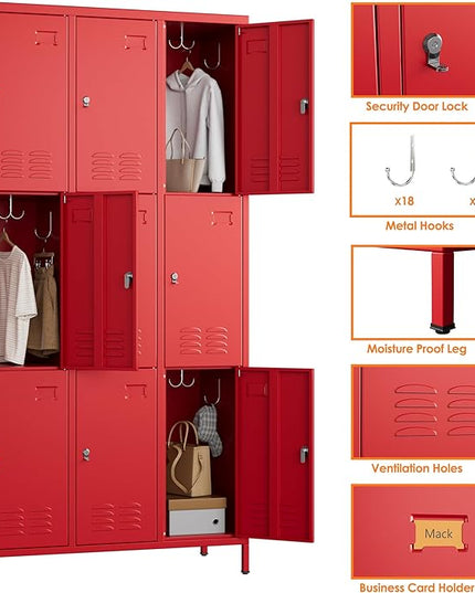 Aobabo New 9 Doors Metal Storage Locker for Employees, Lockable Steel Locker with Name Card Slot and 27 Hooks for School Office Gym Garage, Red, Assembly Required