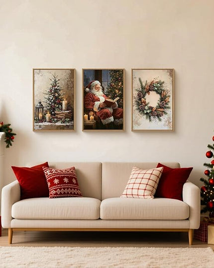 HOURIA Vintage Christmas Framed Canvas Wall Art Set,Santa Claus Reading Book Decor, Wreath Pinecone Berries Artwork,Cozy Night Tree Candle Lantern Prints for Living Room,Xmas 24"x36"x3