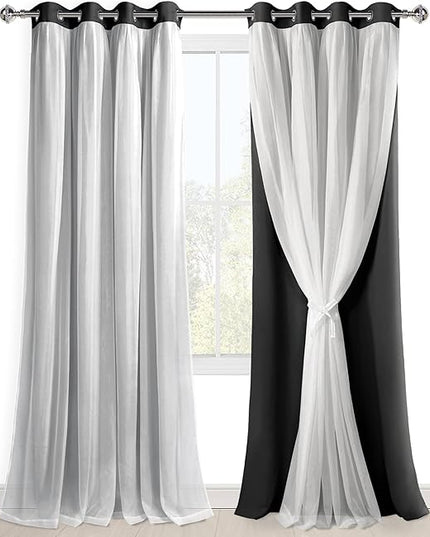Hiasan Black Blackout Curtains with White Sheer, Mix & Match Double-Layer Thermal Insulated Sun Blocking Grommet Window Curtains for Bedroom, Living Room, 2 Drape Panels with Tiebacks, 52W X 96L