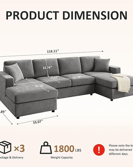 VANOMi 118'' U Shaped Sectional Sofa, 4 Seat Modern Sectional Couch, Double Chaise Longue, Cozy Chenille Sofa Couches for Living Room Apartment, Grey