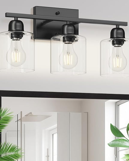 Modern 3 Light Bathroom Light Fixtures, 19 inch Black Vanity Lights For Bathroom With Clear Glass, Bathroom Lighting Fixtures Over Mirror For Mirror Kitchen Living Room Hallway Cabinet Porch