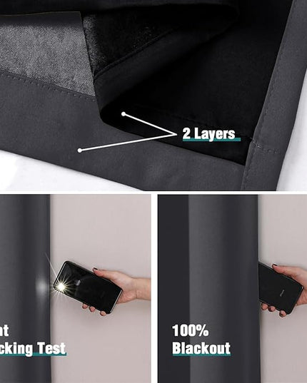 ChrisDowa 100% Blackout Curtains 63 inch Long for Bedroom with Black Liner, Extra Wide 2 Thick Layers Total Blackout Thermal Insulated Grommet Window Curtains 2 Panels Set (Dark Grey, 60 x 63 Inch)