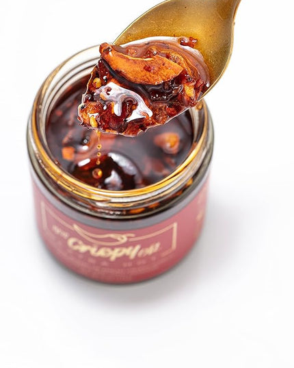 Hot Crispy Oil- Fried garlic, shallots, chili peppers and spices. Flavor bomb, Chili Crisp, Hot Sauce, Chili Oil,
