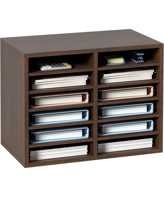 VEVOR Literature Organizers, 12 Compartments Office Mailbox with Adjustable Shelves, Wood Literature Sorter 20.4x12x16.1 inches for Office, Home, Classroom, Mailrooms Organization, EPA Certified Brown