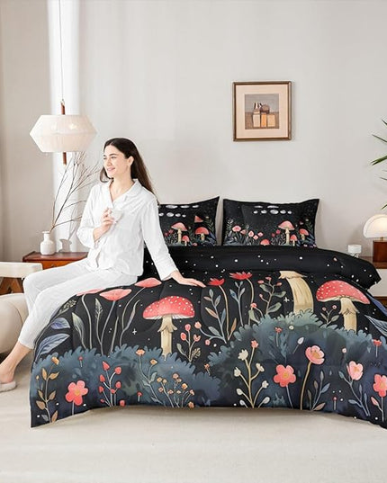 Feelyou Gothic Nature 7 Piece Bedding Set Full Size Flower Mushroom Comforter Set with Sheets for Teens Boys Girls Bedroom Decor Rustic Garden Bed in a Bag Soft Reversible Bed Set