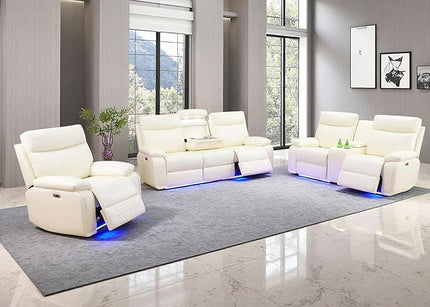 3 Piece Living Room Sets Furniture, Power Recliner Sofa Set with LED Light, Sanded Leather Reclining Sofa Sectional Couches with Cup Holders/Storage Console for House(Vanilla White)