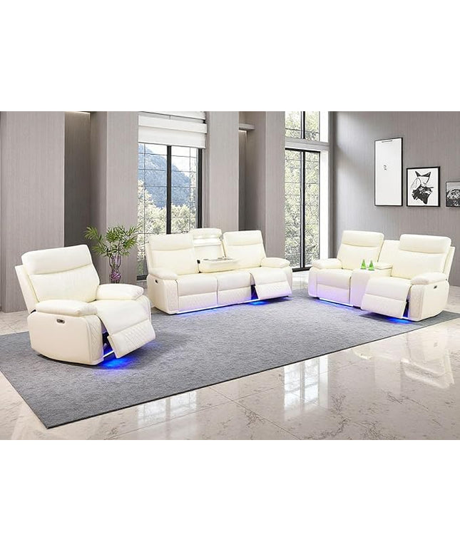 3 Piece Living Room Sets Furniture, Power Recliner Sofa Set with LED Light, Sanded Leather Reclining Sofa Sectional Couches with Cup Holders/Storage Console for House(Vanilla White)