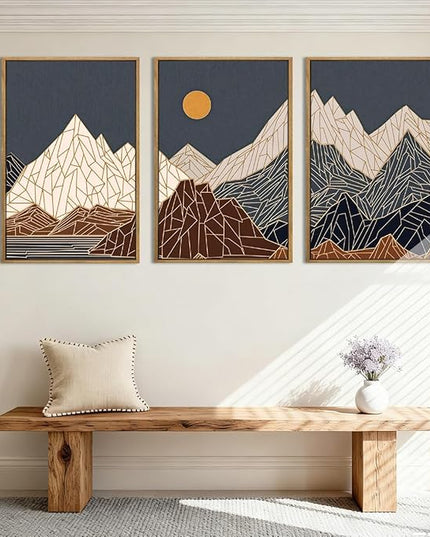 ANHUIB Farmhouse Mountain Wall Art Geometric Mountain Range Wood Wall Decor for Living Room Bedroom Office 16x24 Inch Set of 3