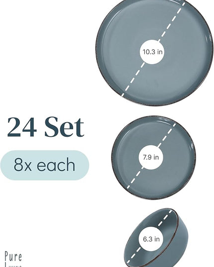 Stoneware dinnerware set 8 persons Rustic 24 pcs - Rustic design dinnerware set, dishwasher safe - Bowl and plate set - Pure Living dinnerware in smoky blue…